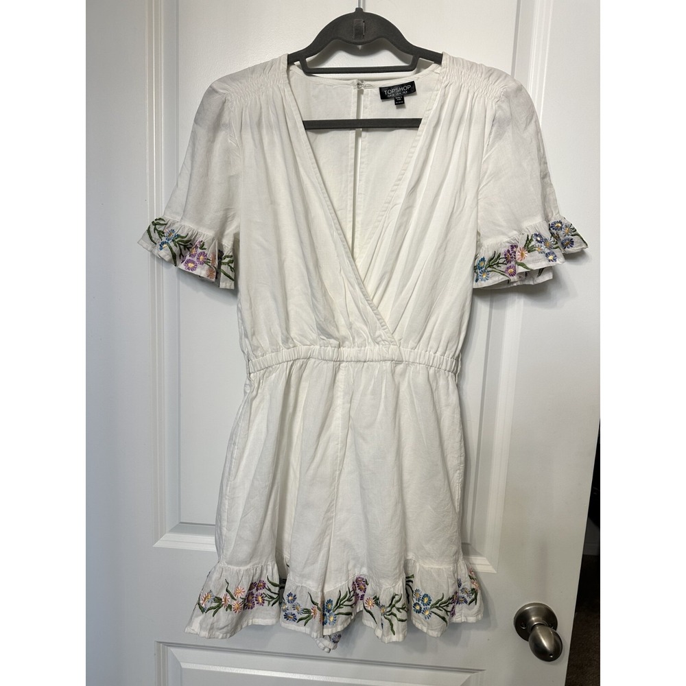 Topshop Embroidered Floral Wrap‎ Playsuit Size 4 White Ruffled Cotton Romper